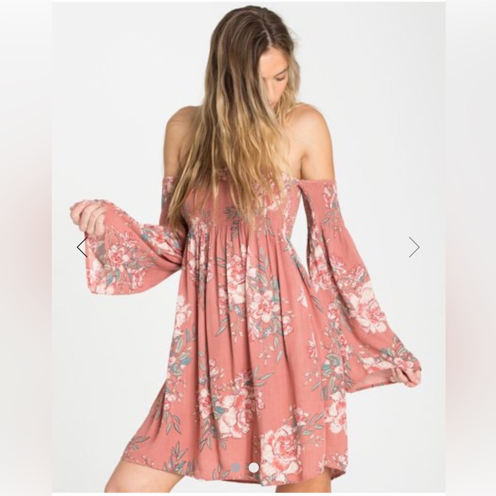 Billabong Off-Shoulder Long Sleeve Chiffon Mini Dress Pink Floral